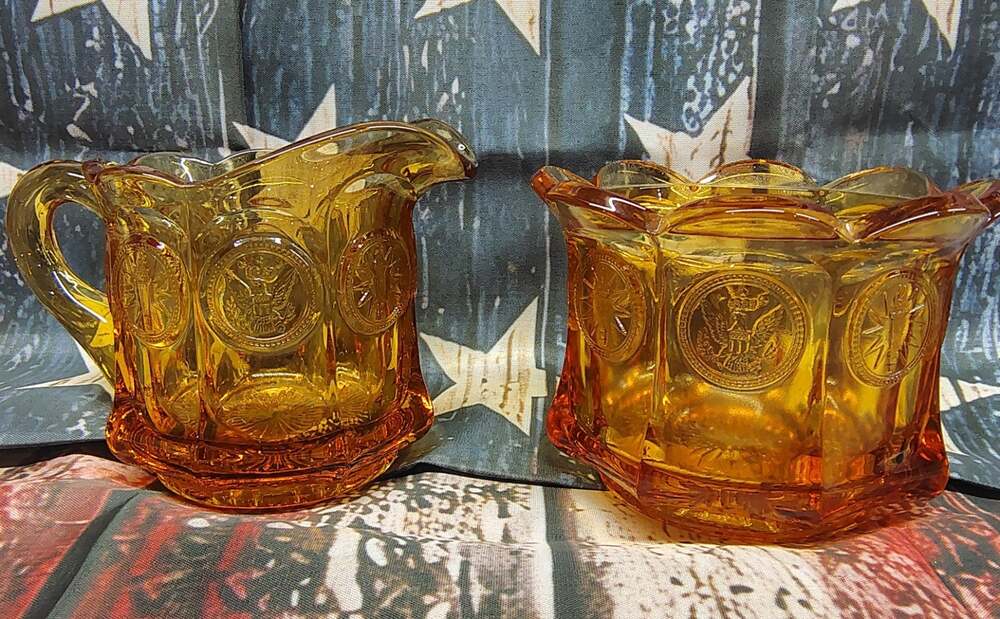 Vintage Fostoria Amber Coin Glass Creamer & Sugar Bowl